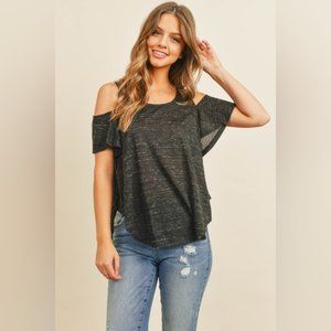 S BLACK COLD SHOULDER HEATHERED TOP SHIRT BLOUSE